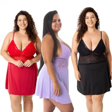 Imagem de Kit 3 Camisola Sensual Plus Size Sem Bojo De Microfibra e Renda Lingerie Linha Noite