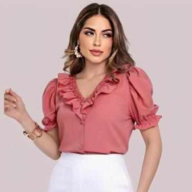 Imagem de Blusa Feminina Social Manga Curta Bufante com Gola V Babado - G-Store,