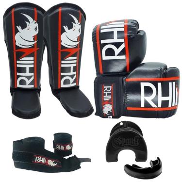 Imagem de Kit Treino Muaythai Rhino com Luva + Caneleira + Bandagem + Bucal - 16oz-Unissex