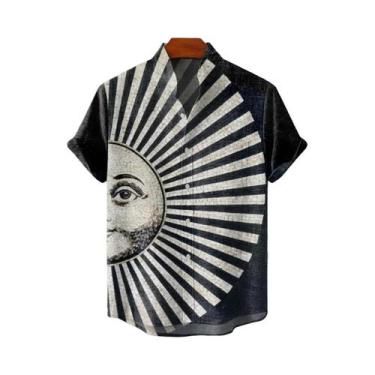 Imagem de Camisa Masculina Vintage De Linho Com Estampa De Sol, Manga Curta, Ver