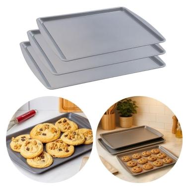 Imagem de Jogo 3 Assadeiras Antiaderentes Cookies para Biscoitos e Pão de Queijo em Aço Carbono com Revestimento Premium Cinza