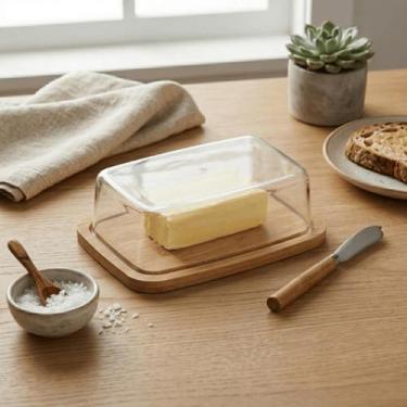 Imagem de Manteigueira Retangular Prática Facilidade Limpeza Base Madeira Antimi