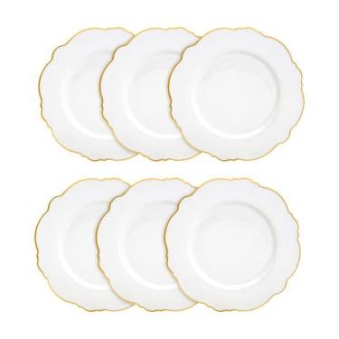 Imagem de Jogo 6 pratos rasos 28 cm de porcelana branca com fio dourado Maldivas