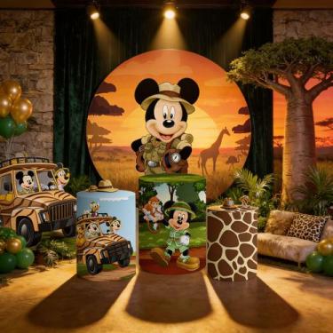 Imagem de Capas Painel Redondo Cilindro Mickey Safari - Painel De Festa