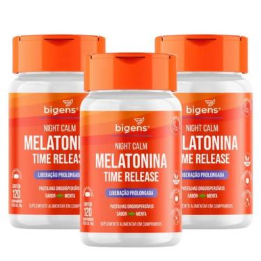 Imagem de 3x Melatonina Night Calm Time Release Bigens Menta 120 Tabletes, Menta