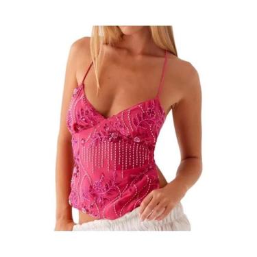 Imagem de Camisola Feminina Com Lantejoulas, Alça Espaguete, Ajuste Slim, Top Cu