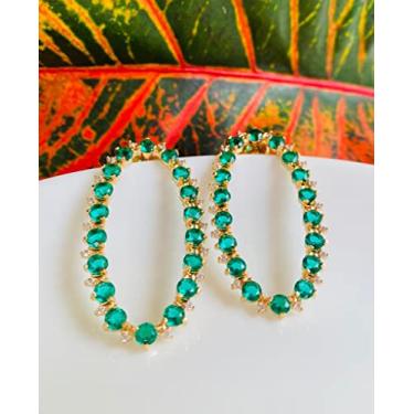 Imagem de Brinco Grande Cravejado Verde Banhado em Ouro 18k