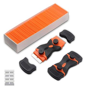 Imagem de Pacote com 2 Raspadores de lâmina de lâmina de lâmina de borda dupla, 100 e 4 lâminas de recarga, mini ferramenta de lâmina de raspador para fogão de vidro, limpeza de janela, adesivos de etiquetas adesivas, decalques de ferramentas de remoção