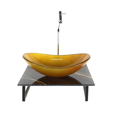 Imagem de KIT CUBA DE VIDRO OVAL 10MM COM TAMPO DE VIDRO 40CM X 40CM MÁRMORE PRETO DOURADO E SUPORTE TORNEIRA VALVULA