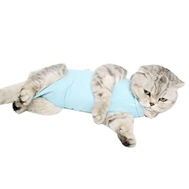 Imagem de Terno pós-operatório de recuperação de gato para feridas abdominais e neutralizadas, colete cirúrgico respirável para gatos machos, colar e cone substituído, azul, G (BUST38 cm)