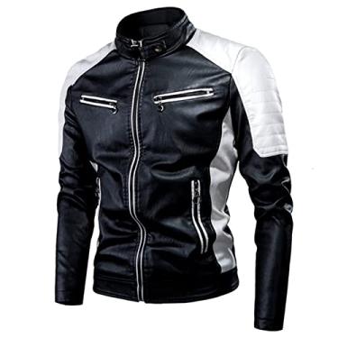 Imagem de Jaqueta masculina de couro para motocicleta com zíper jaqueta impermeável PU à prova de vento vintage para outono e inverno casaco PU leve, preto, GG (175
