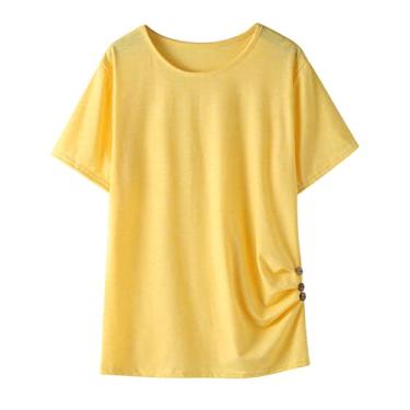 Imagem de Mercatoo Blusa fina com nó túnica camisas T blusa curta tops manga camiseta anos roupas para crianças de 4 a 13 botões pequenos verão, Amarelo, 12-13 anos
