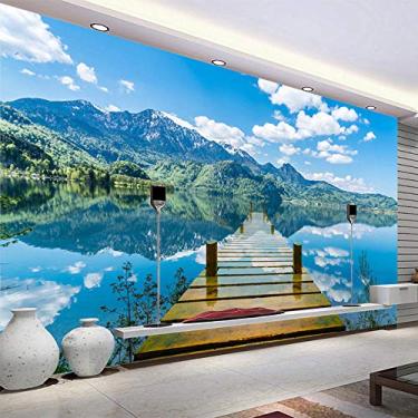 Imagem de Papel de parede 3D Cenário Natureza Céu Azul Ponte de Madeira Lago Foto Mural de Parede Sala de Estar Tv Sofá Pano de Fundo Papéis de Parede para Paredes 3 D 120cm (C)×80cm (A)