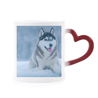 Imagem de Caneca de grés com imagem Husky de cachorro sensível ao calor vermelha que muda de cor