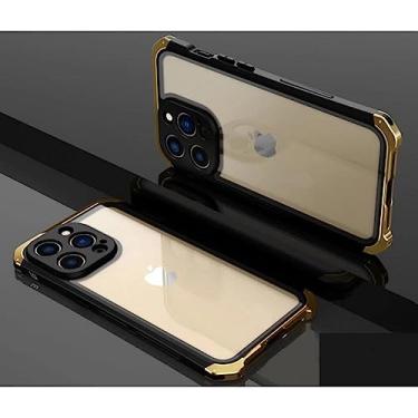Imagem de Para iPhone 11 13 14 Pro Max Proteção contra quedas Armação de metal Tampa traseira de vidro Para Iphone XS MAX XR 7 8 Plus Caixa de telefone de metal de alumínio, ouro, para iPhone 14 Pro