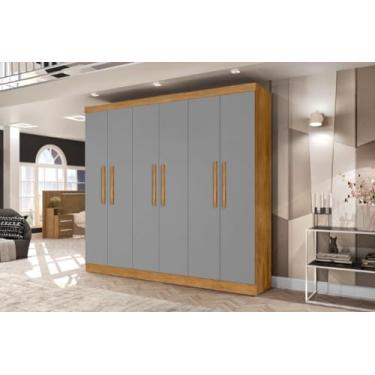 Imagem de Roupeiro/Armário/Guarda Roupas MALI 06 Portas Com Puxadores em Madeira Amplo Espaço Interno Com 4 Gavetas Cor Nature/Cinza