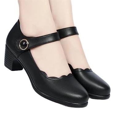 Imagem de Sapatos femininos de salto alto com fivela de bico fino preto bonito para escritório senhoras clássico bege conforto stiletto