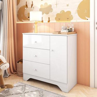 Imagem de Cômoda Infantil 1 Porta e 3 Gavetas 100% MDF Cocada Branco Brilho