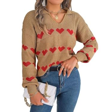 Imagem de Suéter feminino fofo de coração para o dia dos namorados tricotado casual gola redonda manga lanterna pulôver, Caqui, M