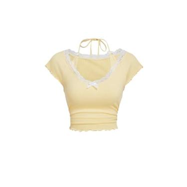 Imagem de Verdusa Camiseta feminina de renda contrastante frente única, acabamento em alface, casual, cropped, Amarelo, M
