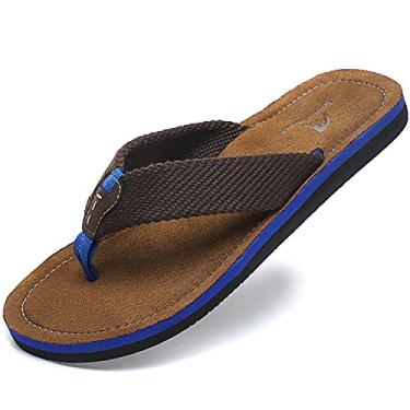 Imagem de Quickshark Chinelo masculino de couro, tanga de couro, suporte de arco, chinelos de praia, Marrom/azul, 46