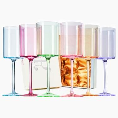 Imagem de Khen Conjunto de 6 taças de vinho de cristal quadrado colorido, presente para ela, ele, amigo - grande 340 g, estilo italiano alto para bebidas - vermelho e branco, jantar, copos coloridos bonitos,