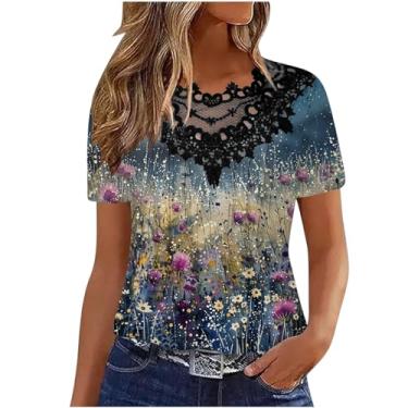 Imagem de Camisetas de verão plus size para mulheres, manga curta, renda, crochê, lisa, elegante, plissada, solta, casual, Azul marino, G