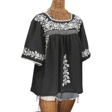 Imagem de Melliflo Camiseta feminina mexicana camponesa gola quadrada meia manga Fiesta camiseta solta bordada algodão linho top, Preto, XXG