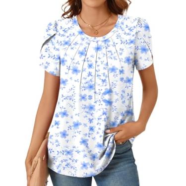 Imagem de Anyhold Blusa feminina de verão com manga de pétala, camisas elegantes e casuais, blusas plissadas para negócios, túnica, Flores azuis brancas, M