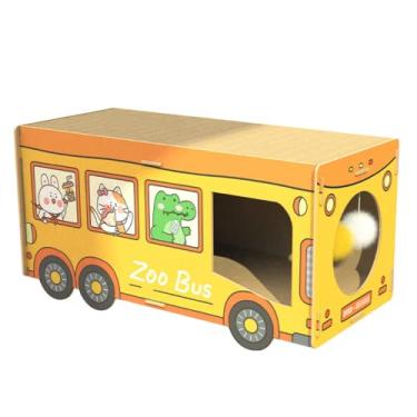 Imagem de SHENGOCASE Arranhador grande para gatos de madeira HDF e papelão ondulado, 67 cm x 30 cm, com almofada de arranhar substituível e brinquedo de bola pendurada, casa de gato de papelão