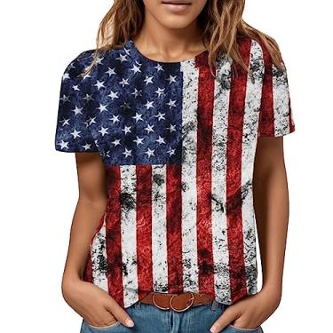 Imagem de Camiseta feminina 4 de julho americano manga curta gola redonda EUA estrelas listras vermelho e azul camiseta patriótica gráfico verão, Vinho, M