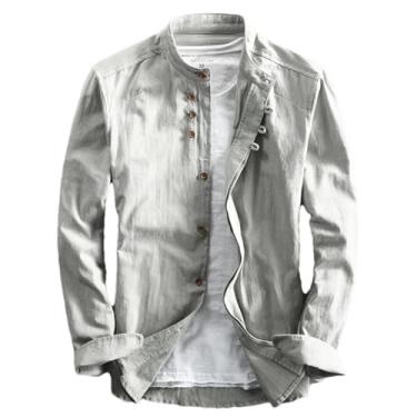 Imagem de Camisa masculina de linho algodão estilo japonês, gola alta, manga comprida, caimento justo, cor sólida, casual, respirável, Cinza, XXG