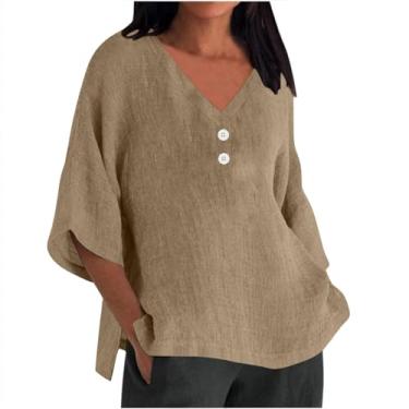 Imagem de Camisas de linho femininas plus size manga 3/4 comprimento casual solto gola V botão fenda lateral blusa moda verão, Caqui, XXG
