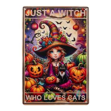 Imagem de Placa de latão Just A Witch Who Loves Cats Halloween, placa de metal retrô vintage para decoração de parede de Halloween, decoração de casa, 20 x 30 cm