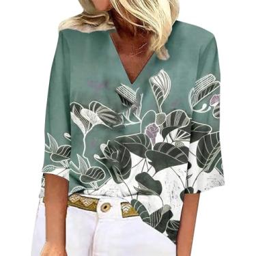 Imagem de Camisetas femininas com gola V, manga 3/4, estampa floral, casual, verão, folgada, túnica, Verde, 5G