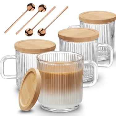 Imagem de Mfacoy Pacote com 4 canecas de café de vidro com alça e colher, copos de café de vidro de 350 ml com tampa de bambu, copos de vidro canelados, xícara de chá transparente para bebidas quentes/frias,