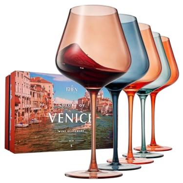 Imagem de Cores de taças de vinho de Veneza, conjunto de taças de vinho coloridas da Itália, 590 ml com linda caixa de presente | Conjunto de 5 | Presentes para viajantes, exploradores, italianos - Utensílios