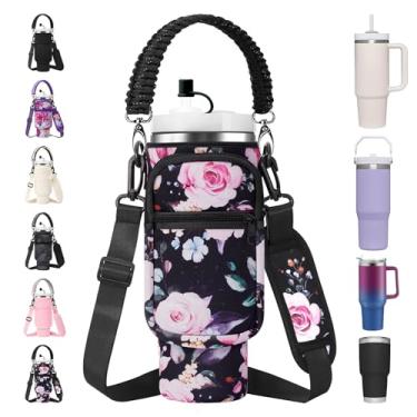 Imagem de AceTreker Bolsa Stanley de 850 g com alça e capa de palha, alça de viagem isolada a vácuo de neoprene com alça de paracord e 2 bolsos para acessórios Stanley Tumbler, flor preta
