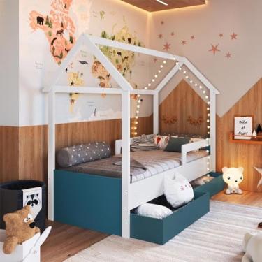Imagem de Genérico, Cama Infantil Montessori tipo Cabana com 2 Gavetas Branco Azul