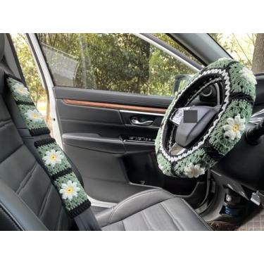 Imagem de YDMZZB Capa de volante de margarida de crochê, capa de volante feita à mão para mulheres, capa de volante fofa, acessórios de carro (capa de roda verde + 2 capas de cinto)
