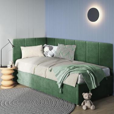 Imagem de Cabeceira em L Canto Alemão Estofada Para Cama Solteiro Painel 3,00mX40cm Módulos Adesivos (Verde)