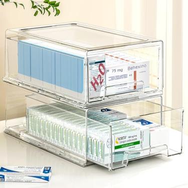 Imagem de Pacote com 2 organizadores de mesa empilháveis de plástico, caixas de armazenamento, gavetas de escritório, recipientes transparentes para armário, penteadeira, prateleira, artesanato, caneta,