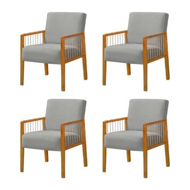 Imagem de Kit 4 Poltronas Decorativa Base em Madeira Maciça e Corda Náutica Copacabana Veludo Cinza Claro