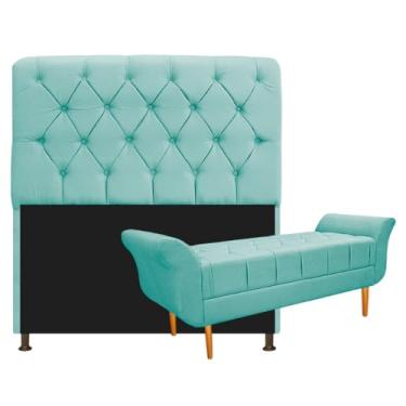 Imagem de Kit Cabeceira Estofado Lady e Recamier Ari 160 cm Queen Size Suede Azul Tiffany - Amarena Móveis