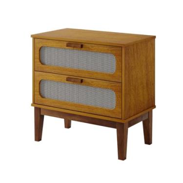 Imagem de mesa de cabeceira classico retrô Santorini 60cm pes de madeira c/telinha sintetica nas 2 gavetas (Nature)
