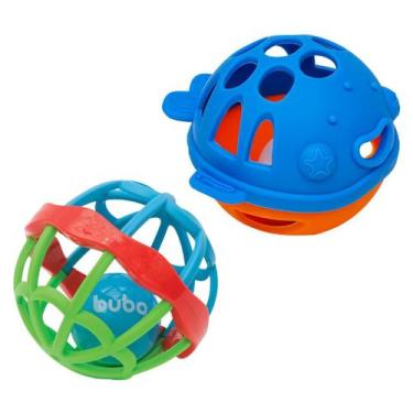 Imagem de Kit Com 2 Mordedores Bola De Silicone Chocalho Baby Ball - Buba, Azul