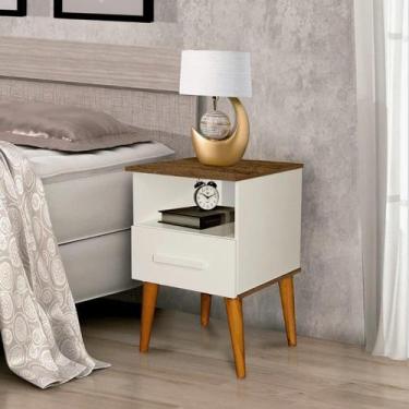 Imagem de Mesa de Cabeceira PER Estilo Retrô Com Pés em Madeira 1 Gaveta Cor Off