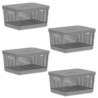 Imagem de Kit 4 Cesto 8L Organizador Multiuso OU Grid Cinza com Tampa