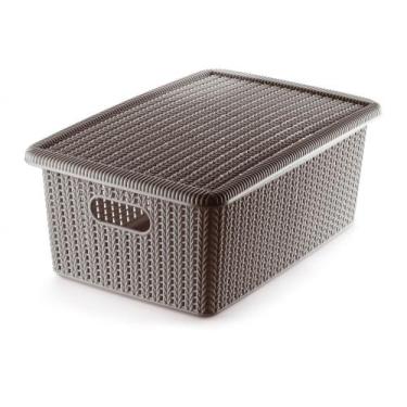 Imagem de Cesto Trançado Plástico com Tampa Organizador Marrom - M - Ordene