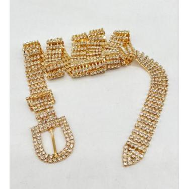 Imagem de Cinto Feminino Corrente Com Strass Brilhante Fino Fivela Redonda Meia 